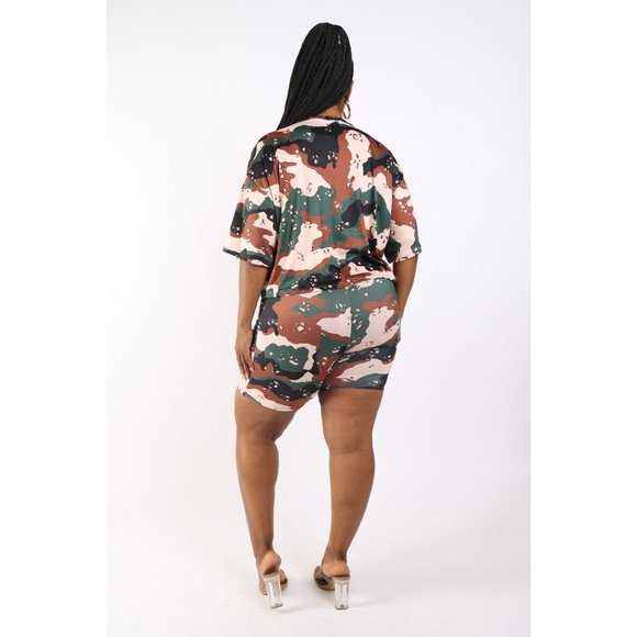 Women's Camo Printed Crop Top And Matching Biker Shorts Cute Set Plus Curvy Size - Picture 7 of 11